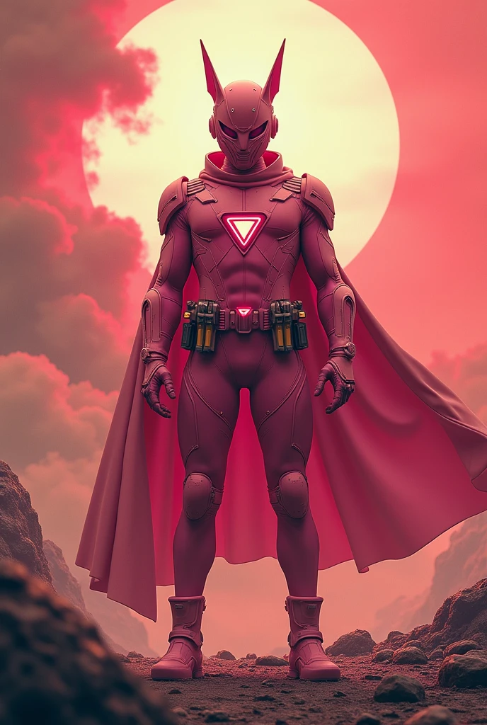 high-tech suit, posterize effects, malaysian superhero (KELUANG MAN) in a striking pink and beige costume cyberpunk design, jumpsuit dark pink stands confidently in a dramatic, stormy landscape. ((Head covered node guard))The character wears a helmet with pointed ears and a flowing cape. Equipped with visible futuristic weapons on a belt, they exude a powerful presence against a backdrop of swirling clouds and a red hue sky.logo on chest triangle shape punisher center on chest pink logo . The ground is uneven and rocky, adding to the intense atmosphere. --ar 3:4 --style raw --stylize 500 --v 6.1