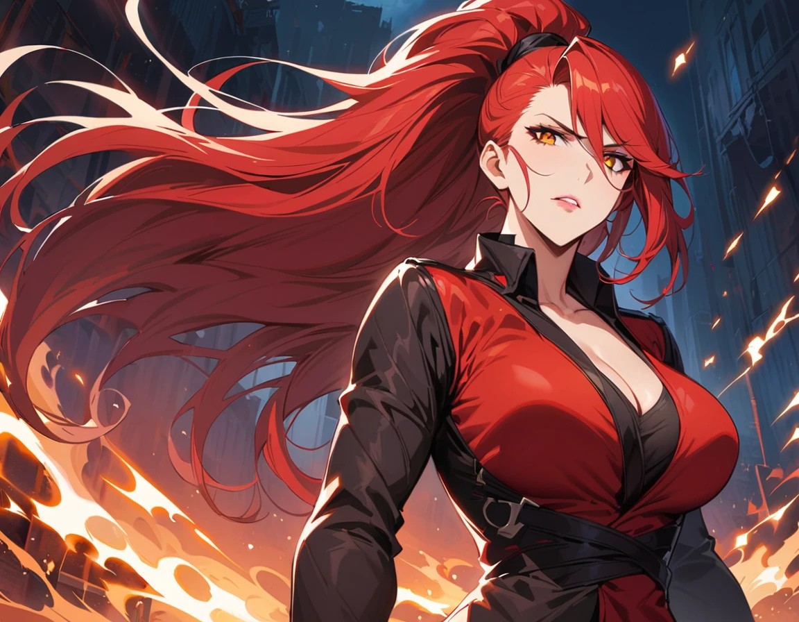 Long red hair, yellow eyes, evil, sexy, black and red clothes, tied hair, cute hairstyle, evil face, evil, serious look, gloss lips, sit, sinister, front look, bloody, gloves, beautiful eyes, short dress, big white, dark place, night, sensual, straigh hair cut, clear skin, evil, young 30 years girl, adult girl, solo, red, very long hair, HAIR DOWN, ANKLE LENGTH HAIR, FIERCE EXPRESSION, villain, handsome older WOMAN,crimson-eyes,crimson pupils,Long CRIMSONhair,Hyperresolution,accuracy,Detailed rendering,(Subtle facial image)(Image of fine hair)(topquality)(Masterpieces of masters)(High degree of completeness)(A sense of atmosphere)tmasterpiece,Super detailed and super detailed(portrait))(((Mature woman))) (((Villain))) (((Older female)))(((half body view)))(((Hair tied back into a long ponytail)))(((lATEX STREET FIGHTER OUTFIT)))