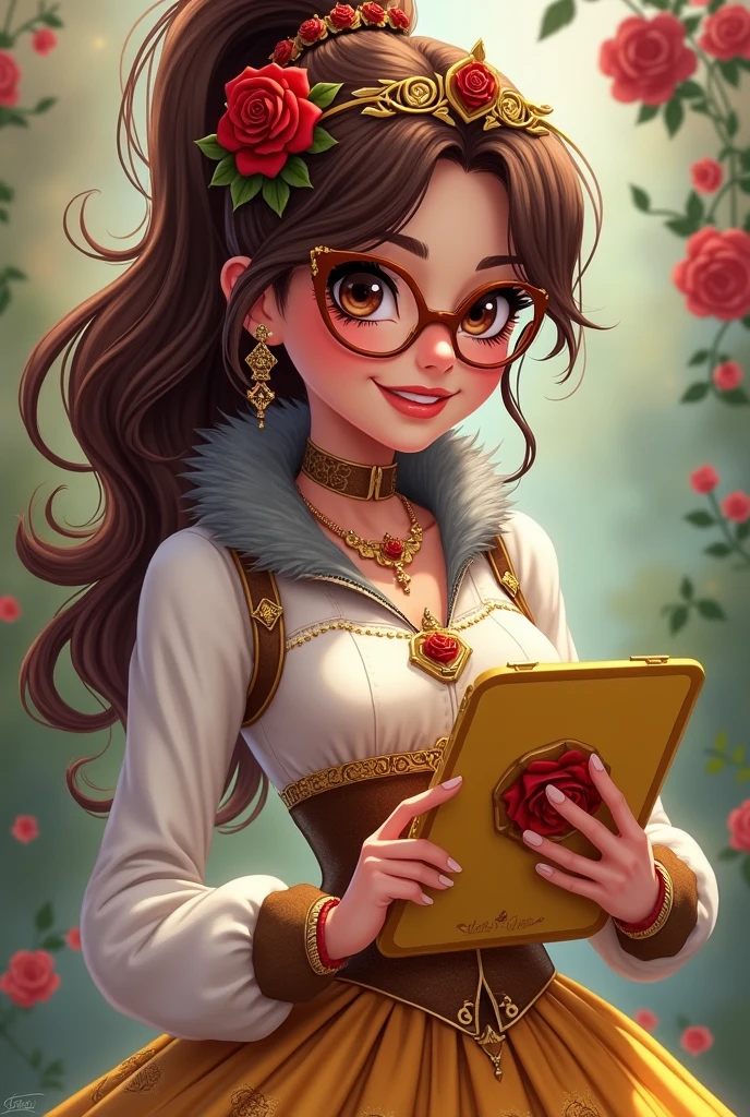 Imagem da filha da Ramona Badwof e da Rosabella Beauty de Ever After High: Must have the wavy brown ponytail with bangs, and it's to have red highlights in the hair, first of all, light brown eyes, brown glasses with a red rose, long white blouse with red roses and green leaves on the blouse and sleeves, golden skirt with golden roses, a faux fur collar around the neck of gray color, brown high heel boots with roses, golden flower tiara on head, wolf earrings, wolf pendant and a yellow tablet with red roses in hands