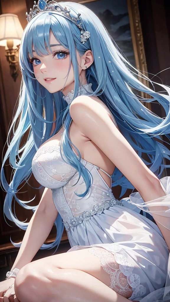 masterpiece、Highest quality、High resolution、High-quality images、8k, 1 female、Skin Radiance、Texture of skin and clothing、Expression of fine eyes、Long HairのManga inspired by Lee Jong-suk, Trending on deviantart, realism, detailed manga style, Manga art style, Perfect line drawing, Beautiful line art, digital manga art girl, K-POPアイドル, dress, Beautiful light blue eyes, Fuller lips, Gorgeous face with attention to detail, (smile), charm, Innocent, Side view, (Perfectly detailed face), (Beautiful Hands) Photorealistic images, Written boundary depth, Half-up hairstyle, tiara, White wedding dress,Big Breasts、,Association, evening,Lots of roses,Blonde、Adult female、Long Hair、Wavy Hair、Standing