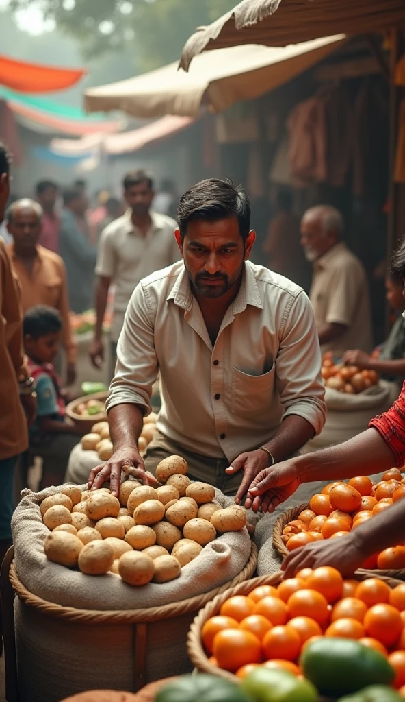 MS Dhoni selling potatoes in the market and many people behind him selling vegetables