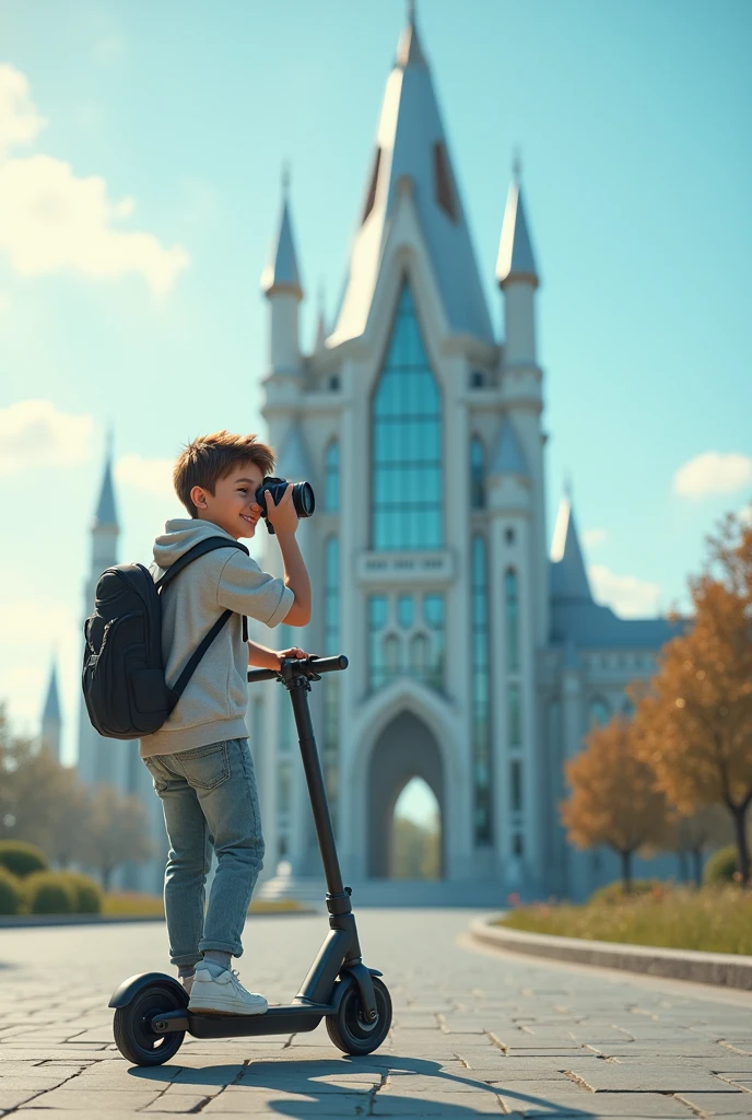 Un avatar garçon avec son appareil photo, sa trottinette électrique face à un château moderne 