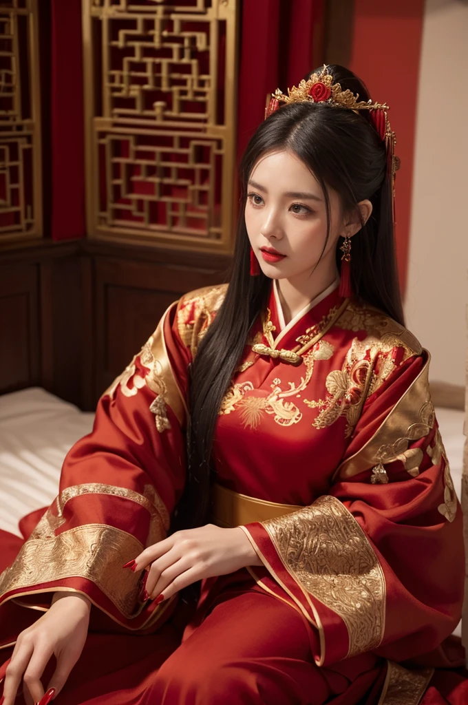 (ultra realistic 8k CG:1.2),perfect artwork,delicate pattern,intricate detail, (unparalleled masterpiece,best quality:1.2),(extremely intricate:1.2),a woman in a red and gold dress, Phoenix crown,hair stick,(sitting on red bed),Cosmetic,blush,shy,black_hair, looking down, Cosmetic,(forehead dot),(2 red candles), chinese_clothes, curtains, earrings, hair_ornament, hanfu, indoors, jewelry, red nails, long_sleeves, red dress, red lips, tassel, (Red quilt),(red palace:1.2),(ancient Chinese architecture),(red:1.8),night