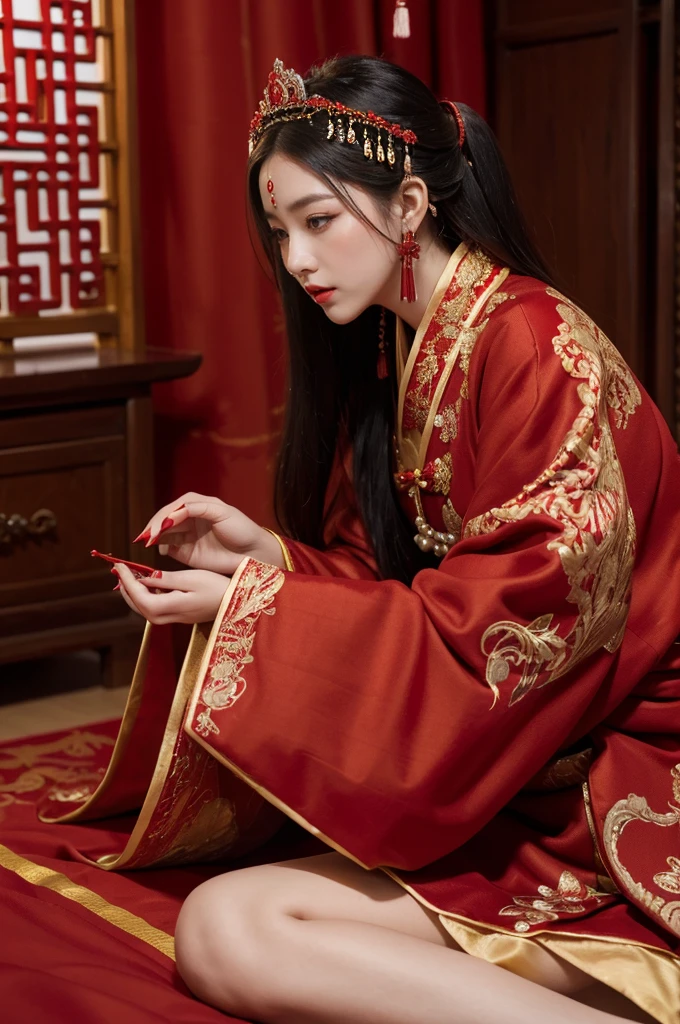 (ultra realistic 8k CG:1.2),perfect artwork,delicate pattern,intricate detail, (unparalleled masterpiece,best quality:1.2),(extremely intricate:1.2),a woman in a red and gold dress, Phoenix crown,hair stick,(sitting on red bed),Cosmetic,blush,shy,black_hair, looking down, Cosmetic,(forehead dot),(2 red candles), chinese_clothes, curtains, earrings, hair_ornament, hanfu, indoors, jewelry, red nails, long_sleeves, red dress, red lips, tassel, (Red quilt),(red palace:1.2),(ancient Chinese architecture),(red:1.8),night