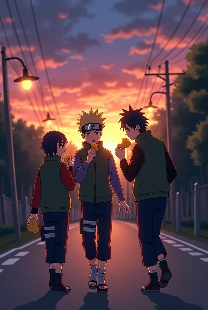 Three friends walking on road having some chips while eating all are boys mentioned their name on shirt ,fahad ,hussain and umair in the Early night time and put lamps on sides od road for lights replce the name put anime character fight occur