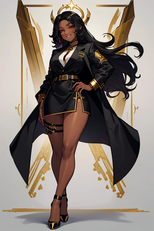 female, black messy long hair, red eyes, dark skin, (((1girl))), (((black and gold lab coat))), (white blouse), (black and gold knee length skirt), (black heels), cute and sexy, full body, large breasts, long legs, smiling