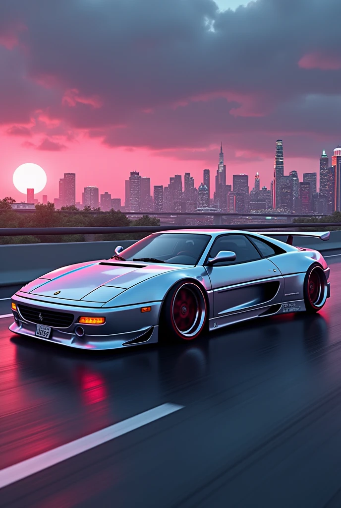 please show me Ferrari F355, in silver colour, lowered, driving on highway road with high speed on Los Angeles, neon light's,amazing look, widebody, lowered, tuning,concept design, 3d realistic concept car render, 3d render, and unreal engine, concept design, octane render, 3d design, industrial design, hyper realistic, high definition, 8k, full car view