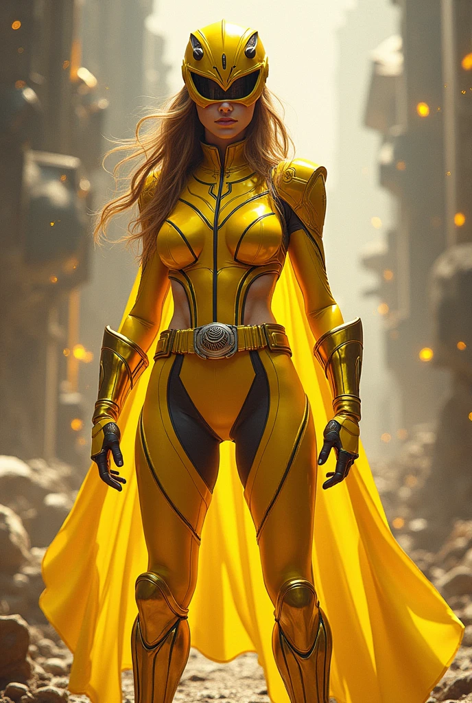 Yellow Power Ranger girl with shining armor covering face and body