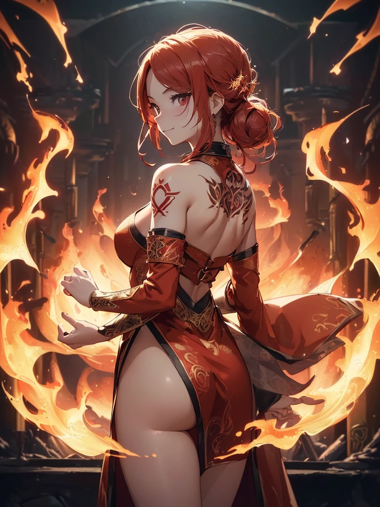 (((best quality, sharp image, clear image, cinematic lighting, 8k resolution, masterpiece, ultra detailed, intricate))) Girl, ((shot from behind)), ((close up)), look at viewer, fire mage, ((intricate background)), ((chaotic background)), red hair, smiling, ((flame runes, flame sigils)), (tatoo on back), slim figure, flying sigils, long dress, cute