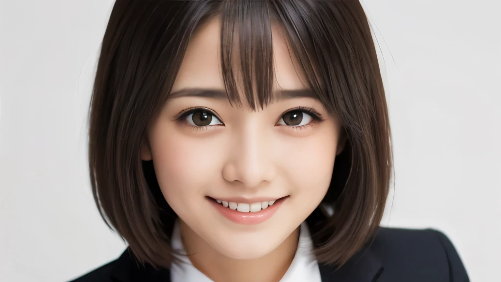 (Realistic: 1.4), (Highest quality: 1.4), (fine grain), ((White Background)), ((Management)), ((One Young Woman)), Black Hair, ((suit)), Big eyes, Blushed, ((smile)), Highly detailed face and skin texture, Healthy Skin, 8k resolution