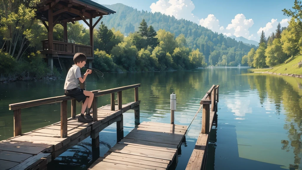 Boy в шляпе, sits on a wooden bridge, wooden, Boy, catches fish, fishing