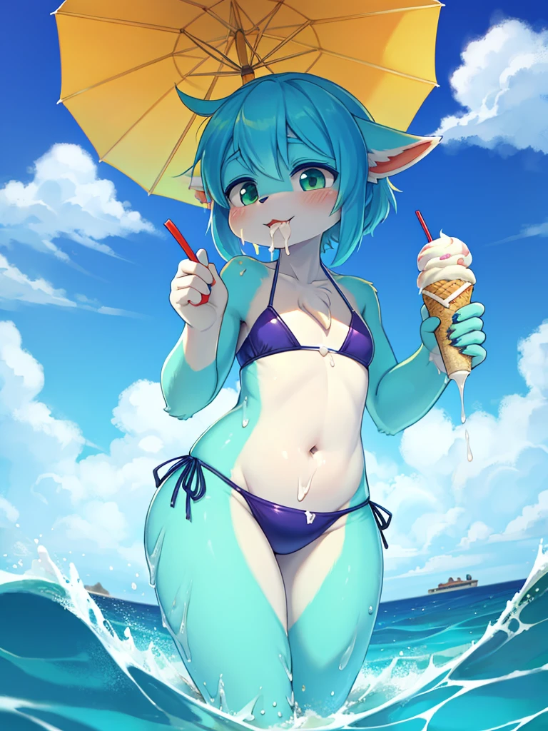 cum cum everybody , eating ice cream , in the sea side , swimwear , ooze