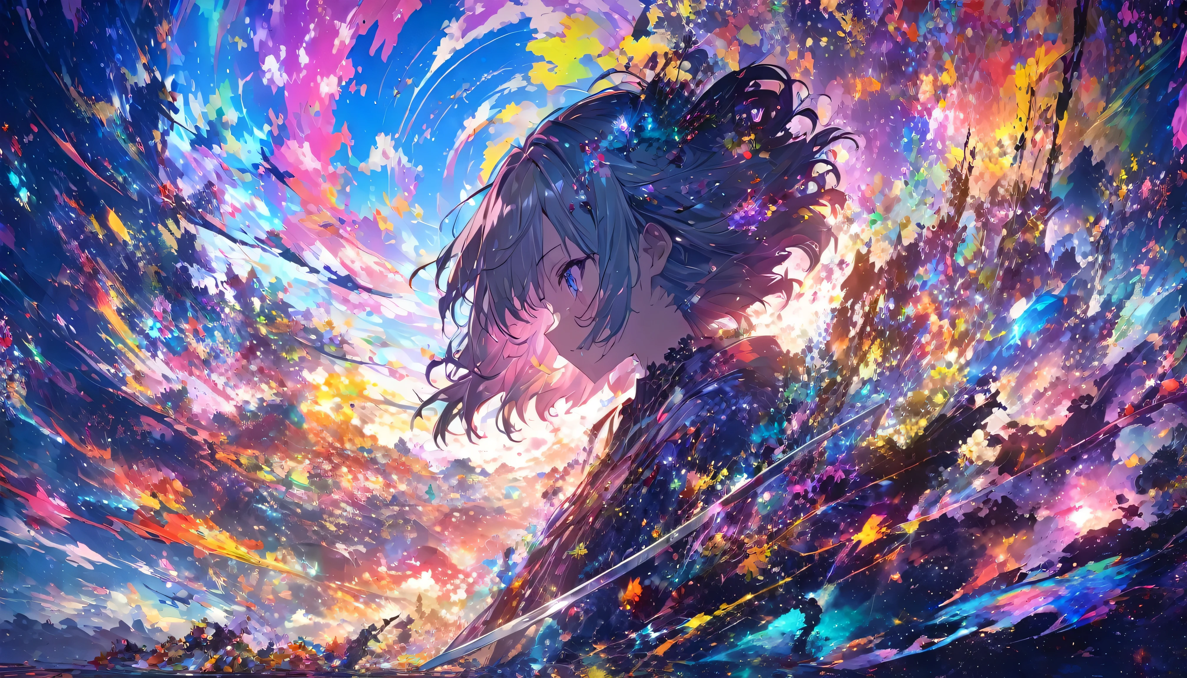Close-up of a person holding a sword in front of a colorful background, anime art wallpaper 4k, anime art wallpaper 4k, Super colorful, anime abstract art, Dreamy psychedelic anime, Detailed anime art, Anime Style 4k, Anime Art Wallpapers 8K, Detailed digital anime art, Complex and gorgeous anime CGI style, Anime style digital art, By Yuumei