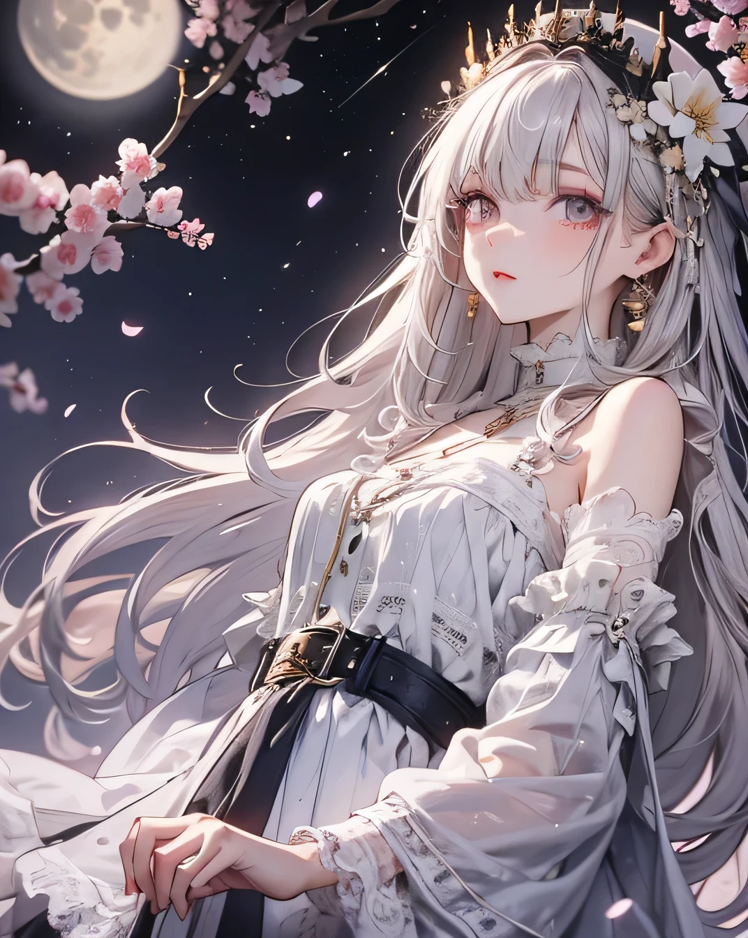 High resolution, 4K, Masterpiece, Best night, full moon, One beautiful woman, Mature Woman, Cold Face, Expressionless, silvery white, Long Hair, Pale pink lips, calm, intellectual, Three Belts, Grey Eyes, assassin, Flowers,