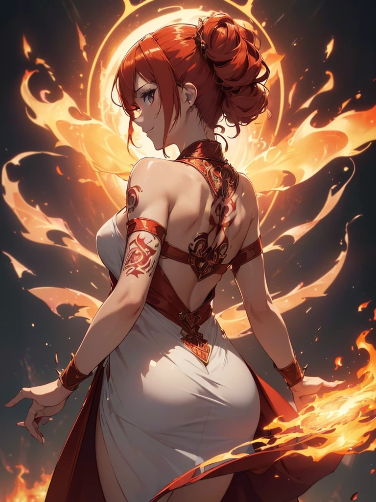 (((best quality, sharp image, clear image, cinematic lighting, 8k resolution, masterpiece, ultra detailed, intricate))) Girl, ((shot from behind)), ((close up)), look at viewer, fire mage, ((intricate background)), ((chaotic background)), red hair, smiling, ((flame runes, flame sigils)), (tatoo on back), slim figure, flying sigils, long dress, cute