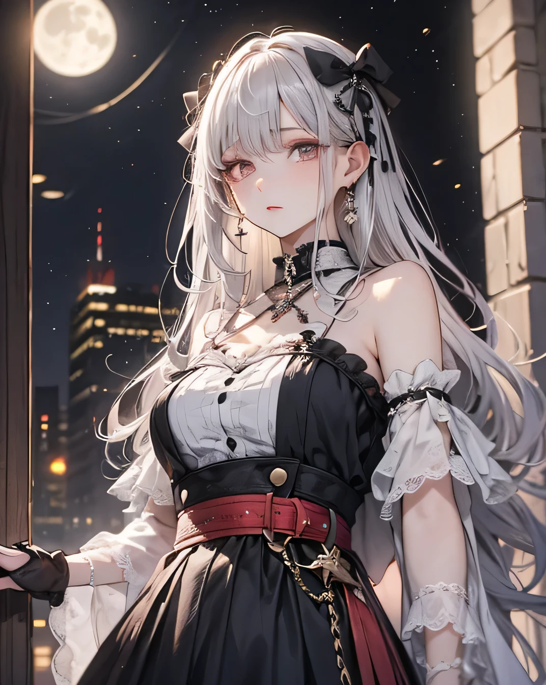 High resolution, 4K, Masterpiece, Best night, full moon, One beautiful woman, Mature Woman, Cold Face, Expressionless, silvery white, Long Hair, Pale pink lips, calm, intellectual, Three Belts, Grey Eyes, assassin, Flowers,