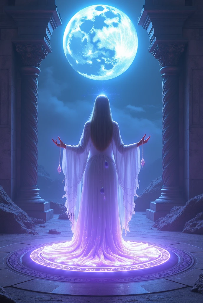 Temple of the Night。Blue Full Moon。Purple Magic Circle。Divine Veil of Light。mysterious。goddess。White thin clothing。purple ornaments。