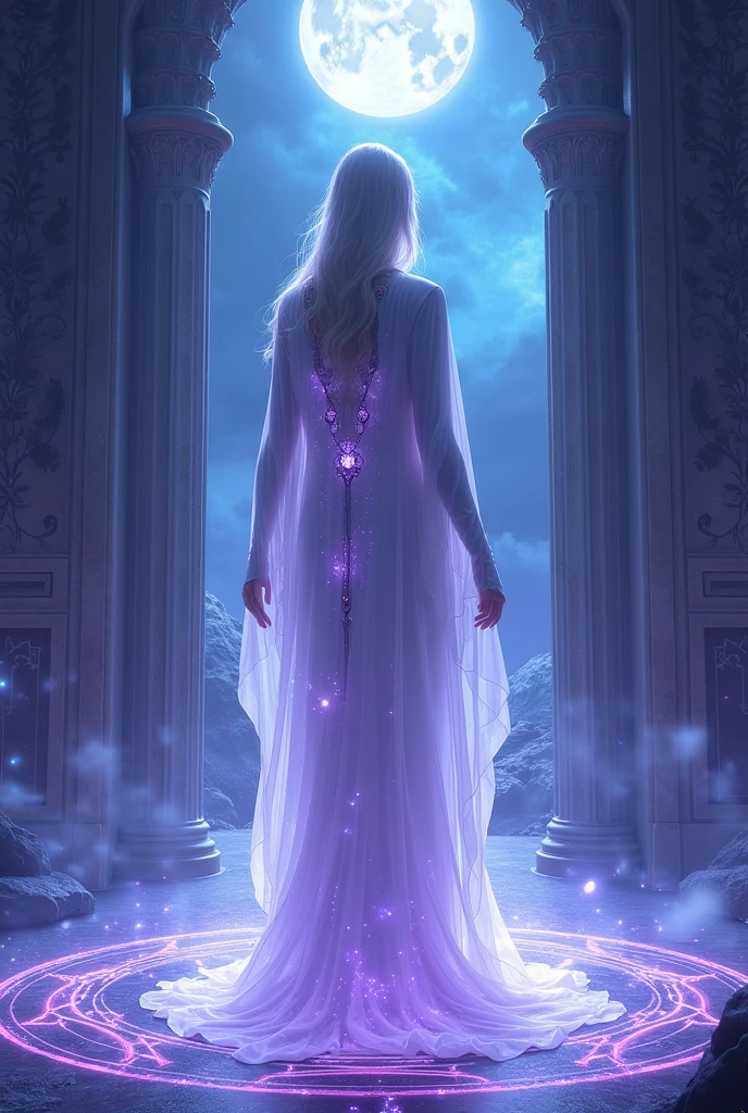 Temple of the Night。Blue Full Moon。Purple Magic Circle。Divine Veil of Light。mysterious。goddess。White thin clothing。purple ornaments。