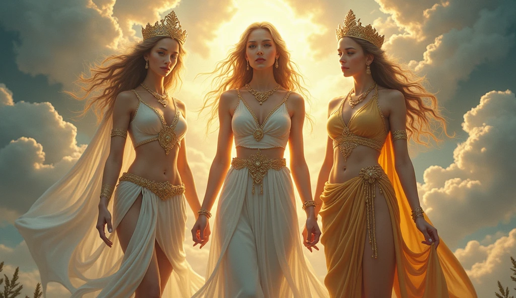 Three very beautiful goddesses of beauty, Aphrodite, Ishtar, Lakshmi, whole body