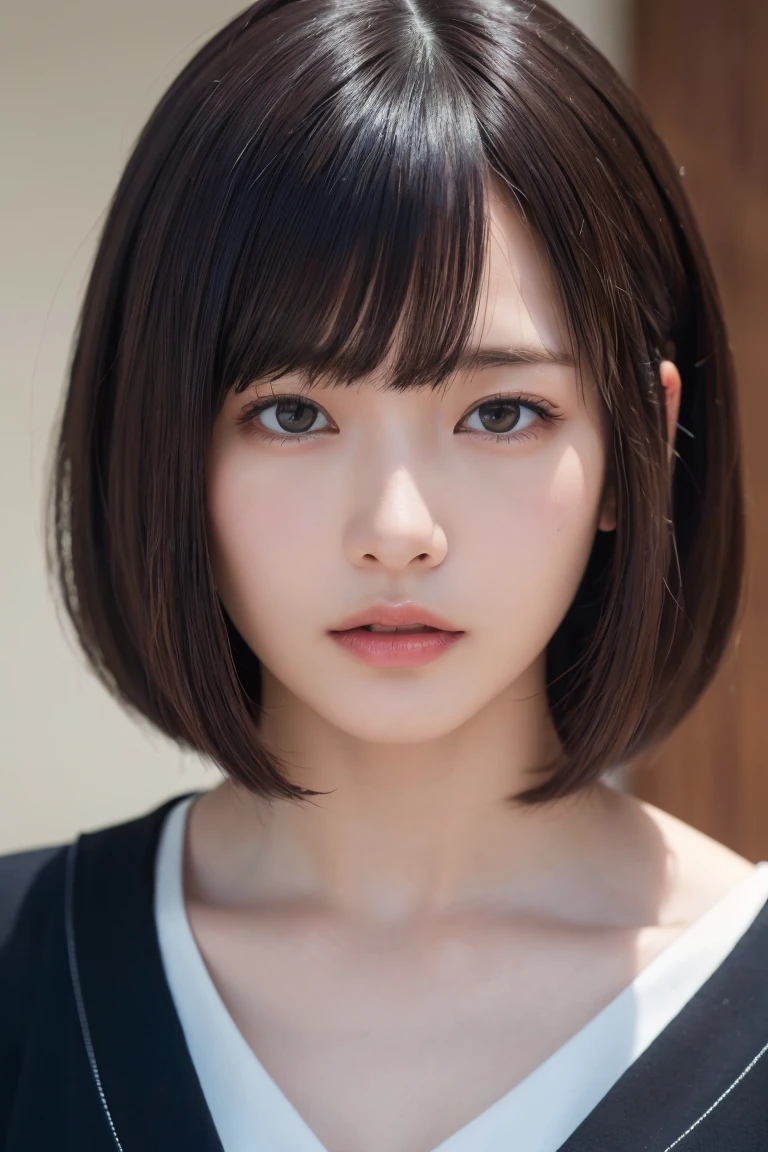 (Highest quality:1.4),(masterpiece:1.4),(Realistic:1.4),(Realistic:1.2),(超High resolution, RAW Photos:1.4),(High resolution, Very detailed:1.2),(8k:1.2),photograph,a photo of a dark-haired,Her hairstyle is a short bob with bangs...,one person&#39;s,alone,(In underwear),((Upper Body:1.3))