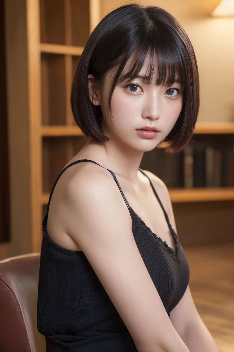 (Highest quality:1.4),(masterpiece:1.4),(Realistic:1.4),(Realistic:1.2),(超High resolution, RAW Photos:1.4),(High resolution, Very detailed:1.2),(8k:1.2),photograph,a photo of a dark-haired,Her hairstyle is a short bob with bangs...,one person's,alone,(In underwear),((Upper Body:1.3))