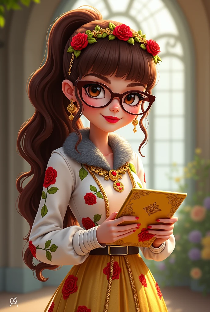 Imagem da filha da Ramona Badwof e da Rosabella Beauty de Ever After High: You have to have a wavy brown ponytail with bangs and you have to have red highlights in your hair., first of all, light brown eyes, brown glasses with a red rose, long white blouse with red roses and green leaves on the blouse and sleeves, golden skirt with golden roses, a faux fur collar around the neck of gray color, brown high heel boots with roses, golden flower tiara on head, wolf earrings, wolf pendant and a yellow tablet with red roses in hands