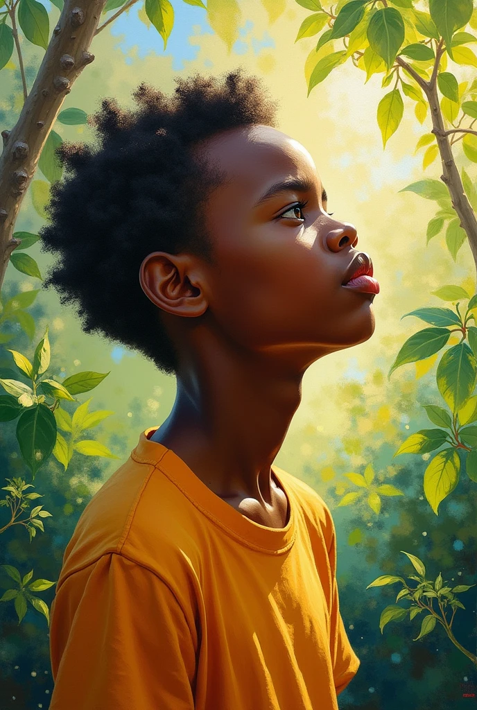 Create an impressionism painting of a young african autistic boy who loves music