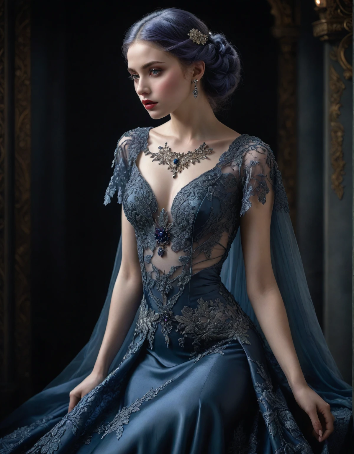 a beautiful woman, dark platinum with a hint of blueberry hair, porcelain skin, detailed face, extremely detailed eyes and face, long eyelashes, beautiful detailed lips, elegant pose, serene expression, ornate COMPLETELY TRANSPARENT dress, flowing fabric, dramatic lighting, dramatic colors, cinematic composition, hyper-detailed, 8k, masterpiece, photorealistic, award-winning digital art