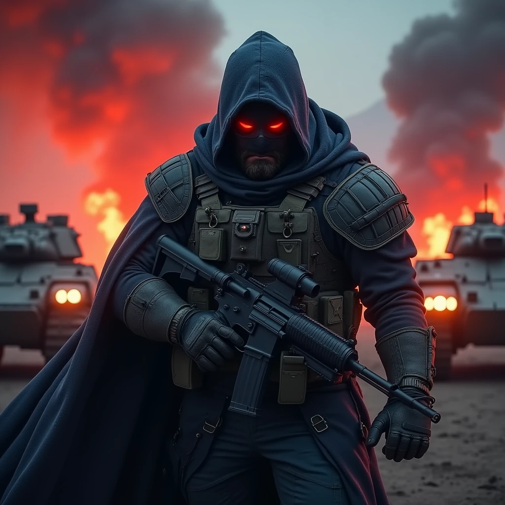 ((best quality)), ((masterpiece)), (detailed), perfect face image for game frame of a dangerous man with weapons in a war with angry mood and body language , with smokey red , blue and black back ground wearing a war costume surrounded by war tanks
And vechiel , with Sparky back ground