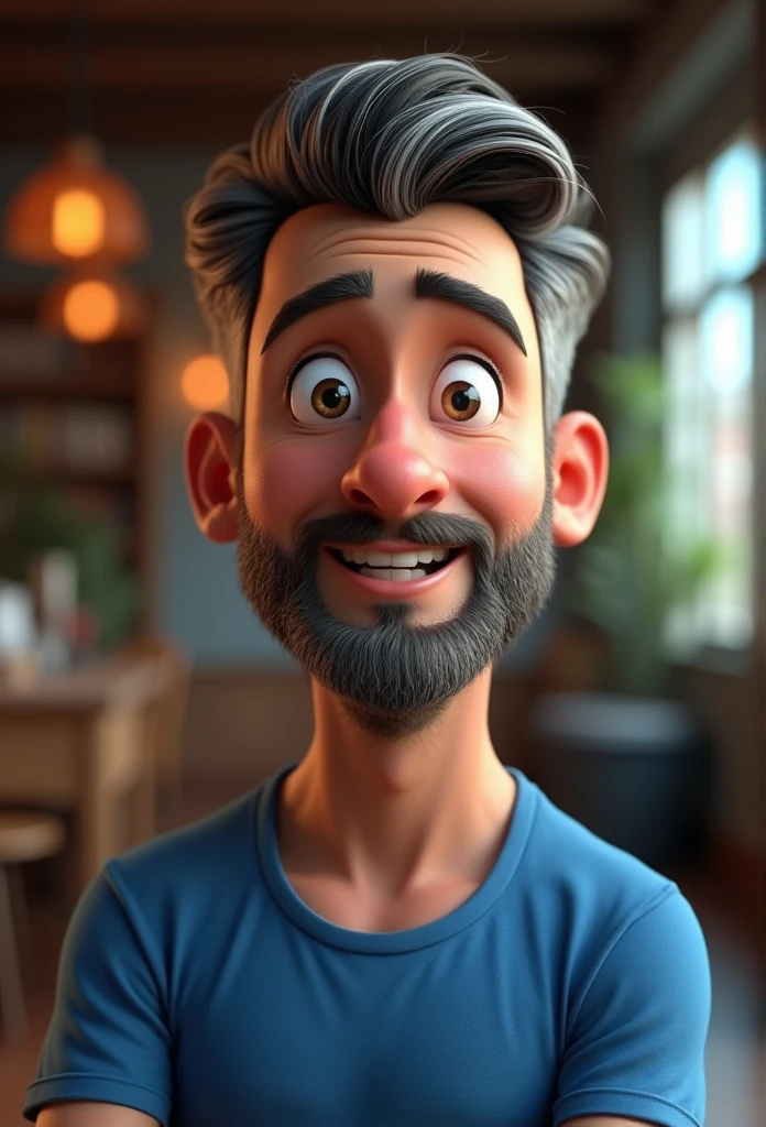 Cartoon character of a man in a blue shirt, 30years, with a beard with some white hairs, short hair with quiff, animation character, stylized character, animation style rendering, 3d stylized, Arnold Maya rendering, Stylized 3D rendering, toon render screenshot, 3d character, 3d character, Stylized 3D rendering, 3D character rendering, cartoon character, Personagem de close up, character posing, (Pixar-style) (master part:1.2) (bokeh) (best qualityer) (skin detailed) (detailed texture) (8k) (Argilla) (cinematic lighting) (sharp focus