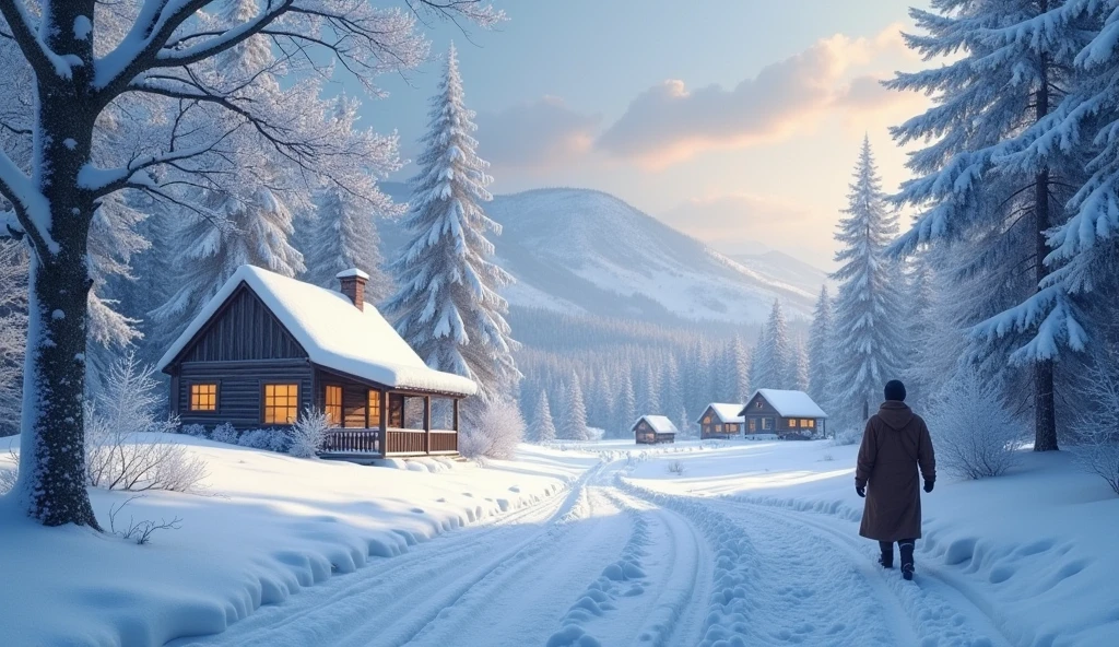fluffy snowflakes, gently drifting, enchanting winter wonderland, serene landscape, immaculate blanket of white, frosty trees, sparkling ice crystals, solitary figures, profound tranquility, crisp, invigorating air, muffled sound of footsteps, twinkling streetlights, cozy cabins, distant sounds of sleigh bells, breathtaking view, dreamlike atmosphere, highres,ultra detailed,best quality,masterpiece