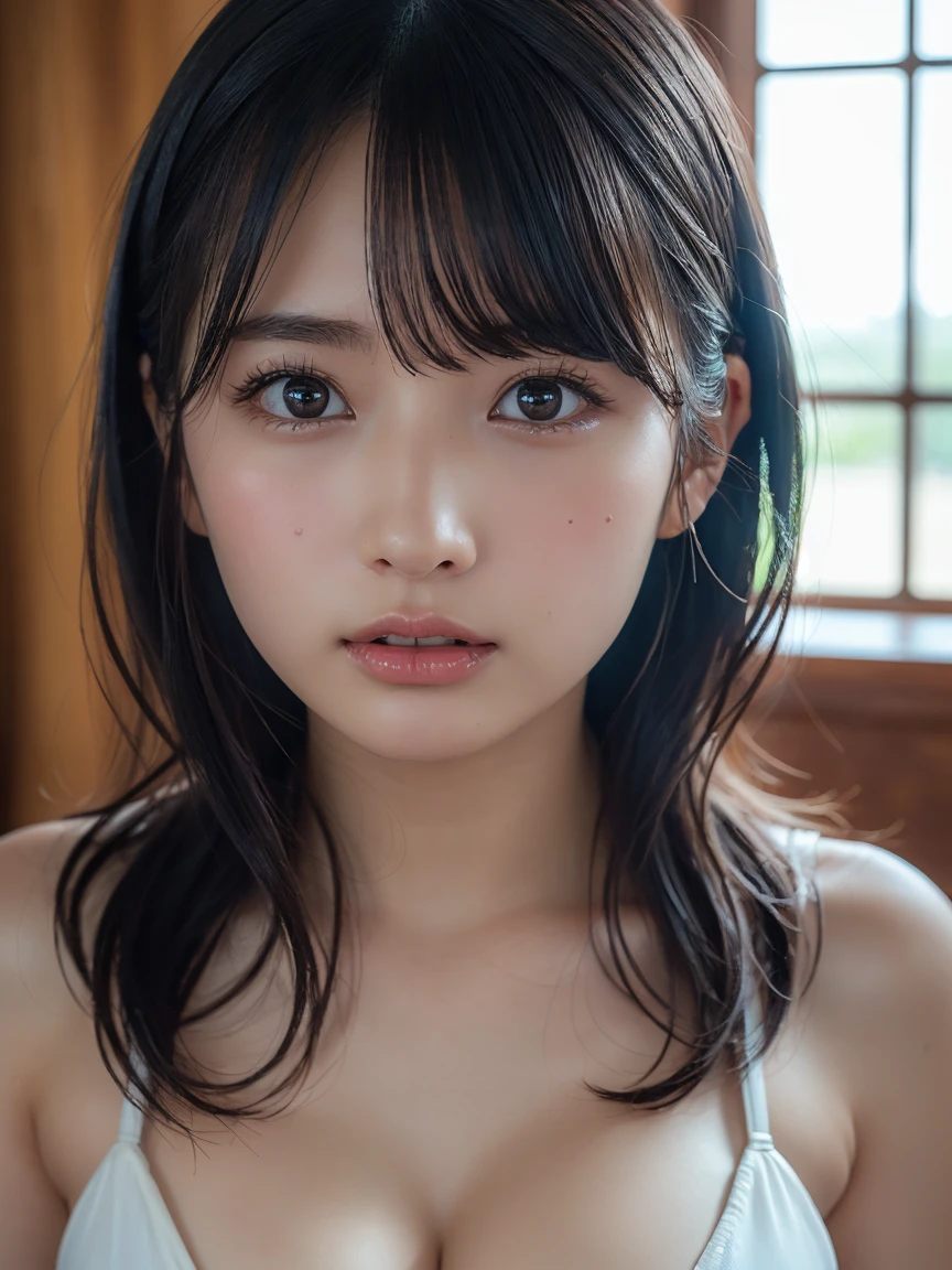 (Highest quality:1.2), (masterpiece:1.2), Very detailed, High resolution, 8k, Realistic, RAW Photos, (Cute Japanese Woman), (Cute 2 Beautiful), Round face, Golden Ratio, Cute round face, (Big with a little droop), Thin lips, Detailed face, Beautiful and elegant face, Cute Face, Natural Bangs, Arched eyebrows, well-groomed eyebrows, (large eyes balanced on the left and right sides,), Cute eyes, Beautiful Eyes, Beautiful thin nose, Beautiful face line, (Beautiful Skin), Medium Hair, ((Natural Bangs)), Smooth Skin, Fair skin, Beautiful breasts, Medium chest, Type I Valley, Cleavage, (Best lighting:1.5), (Thin and slim body:1.5), Micro Bikini,