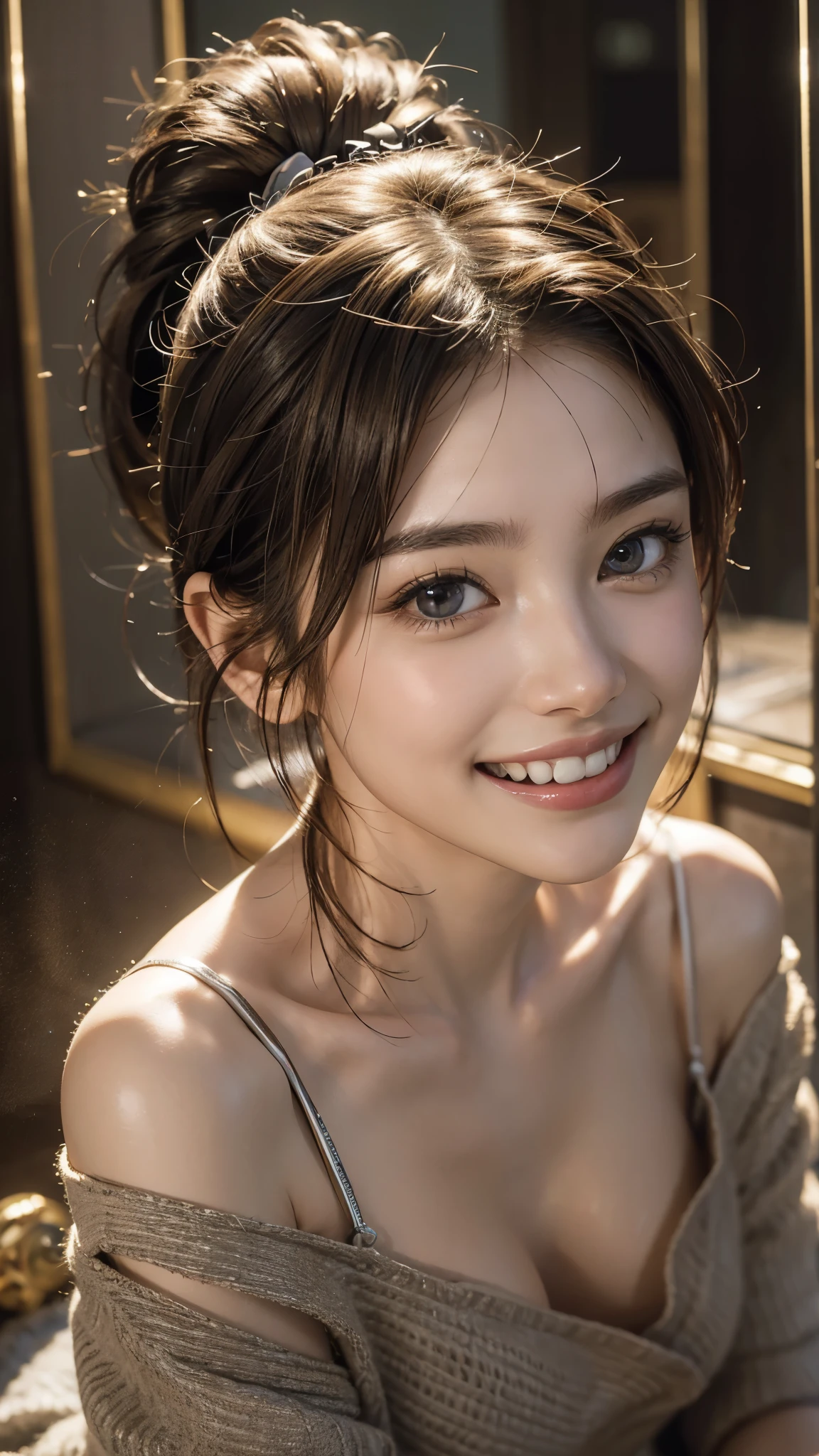 Highest quality, masterpiece, Ultra-high resolution,8k,((Toothy smiling portrait:1.4)), (Realistic:1.6), ((Glitter eyes)),((A radiant smile)), RAW Photos,((Realisticな美肌)),((Soft looking breasts)),((Full body photo)),1 person,2 adult women,(Full of smiles, )) ,((Ponytail and hair tie)),((Ribbon in hair)),((Looking up at the audience)),Face Focus:1.4,((Photographed from above with a fisheye lens:1.15)),