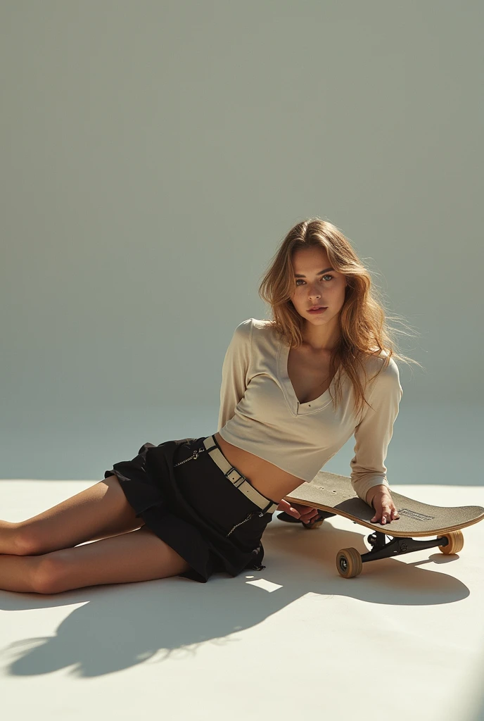 Beautiful woman lying on the ground with her skateboard, Beautiful young  model, Kristina Pimenova, She wears street clothes, short skirt, beautiful model, Cristina P., wearing a tight and thin blouse, very pretty model, Kristina Pimenova, Official Versace Editorial, Stunning model, by Edwin Georgi, by Alasdair Grant Taylor, official dior editorial, Behind, small ass, flat stomach, narrow waist, narrow hips, thigh gap,
INFO
