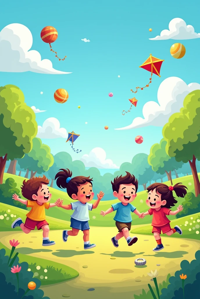 Cartoon of children playing in a park with balls and kites, tops and pixelated mechanics