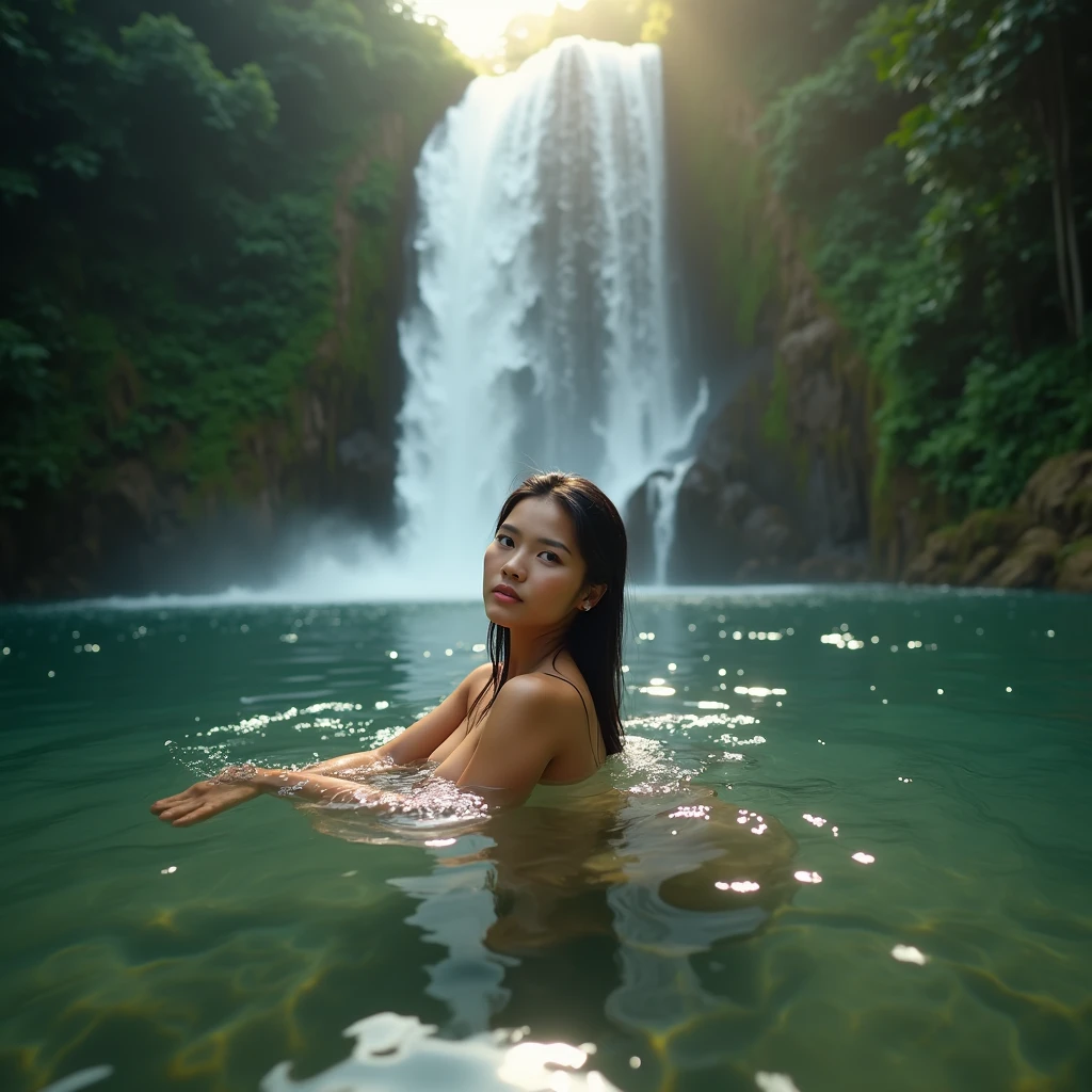 A beautiful Indonesian woman, floating swimming in the river in clear water under the rainforest waterfall. floating with legs behind, Wet hair face down with the back of the body and buttocks visible under the water, look at the viewer, realistic photography, vivid light, wide angle shot from side.