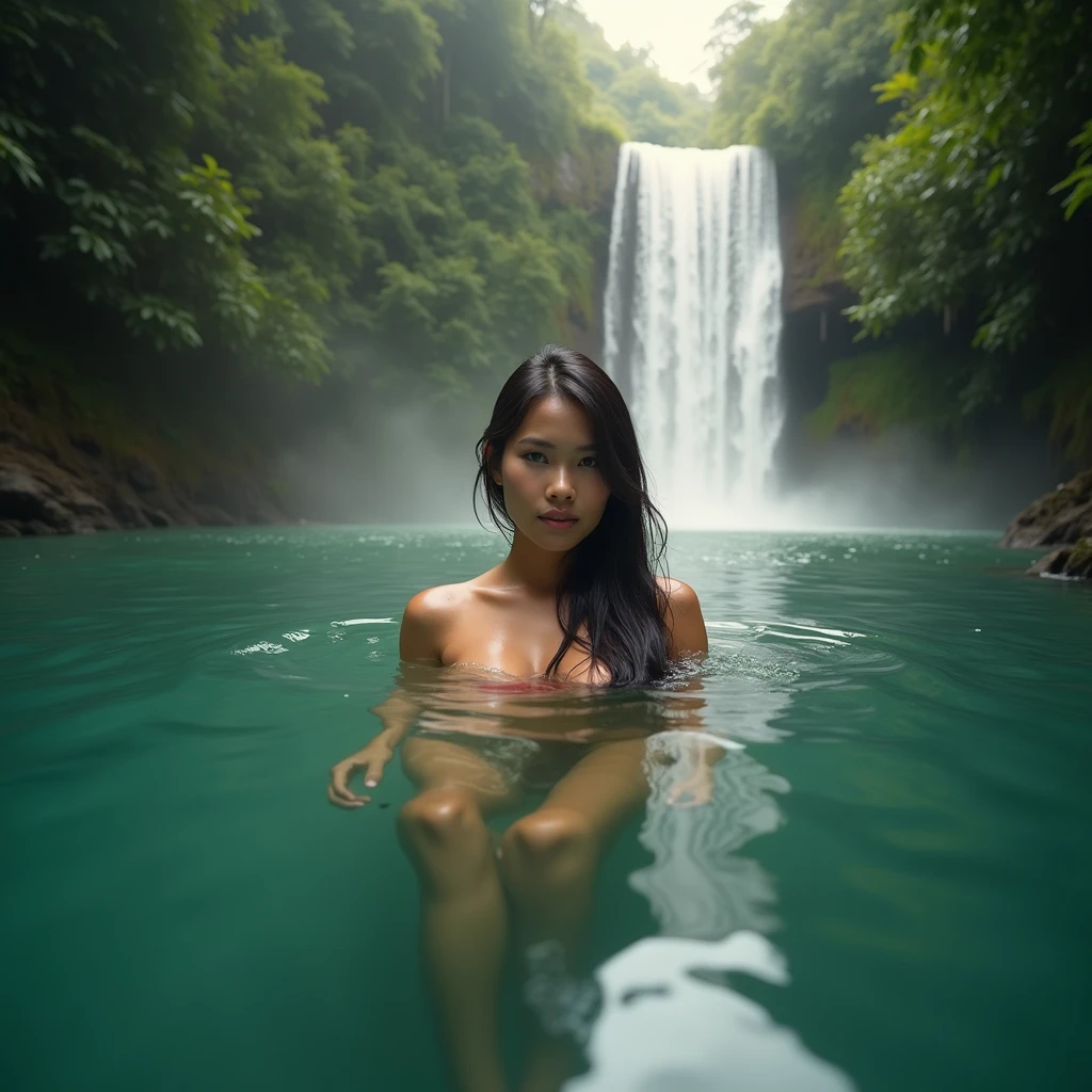 A beautiful Indonesian woman, floating swimming in the river in clear water under the rainforest waterfall. floating with legs behind, Wet hair face down with the back of the body and buttocks visible under the water, look at the viewer, realistic photography, vivid light, wide angle shot from side.
