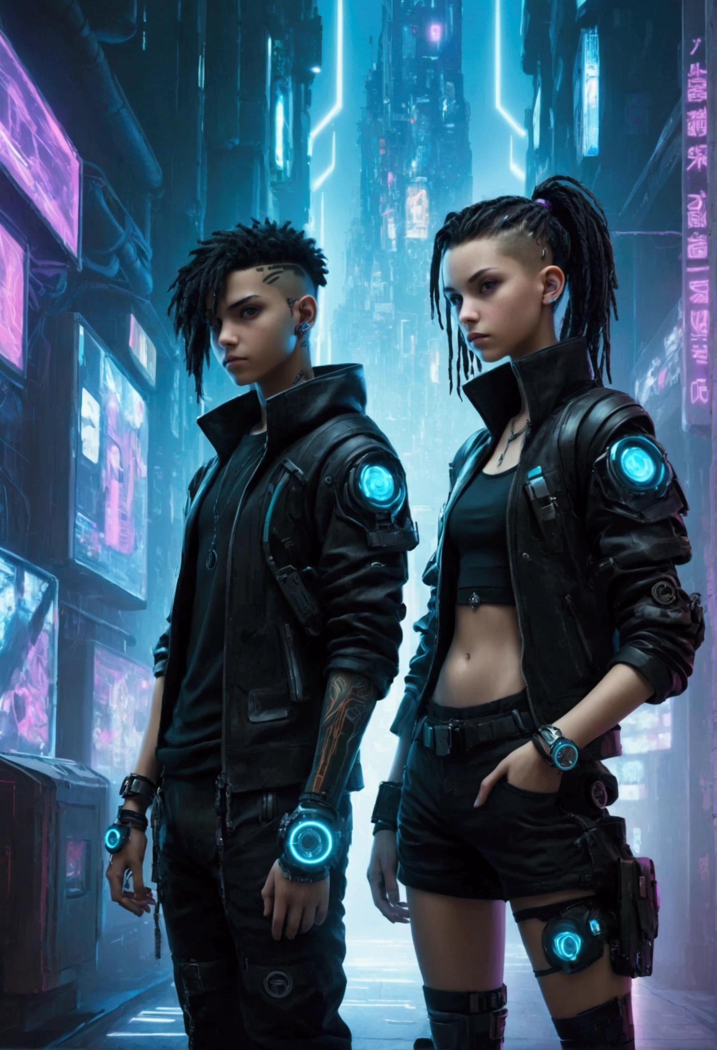 Two identical twins, a boy and a girl. Both in a cyberpunk world and have a cool watch.