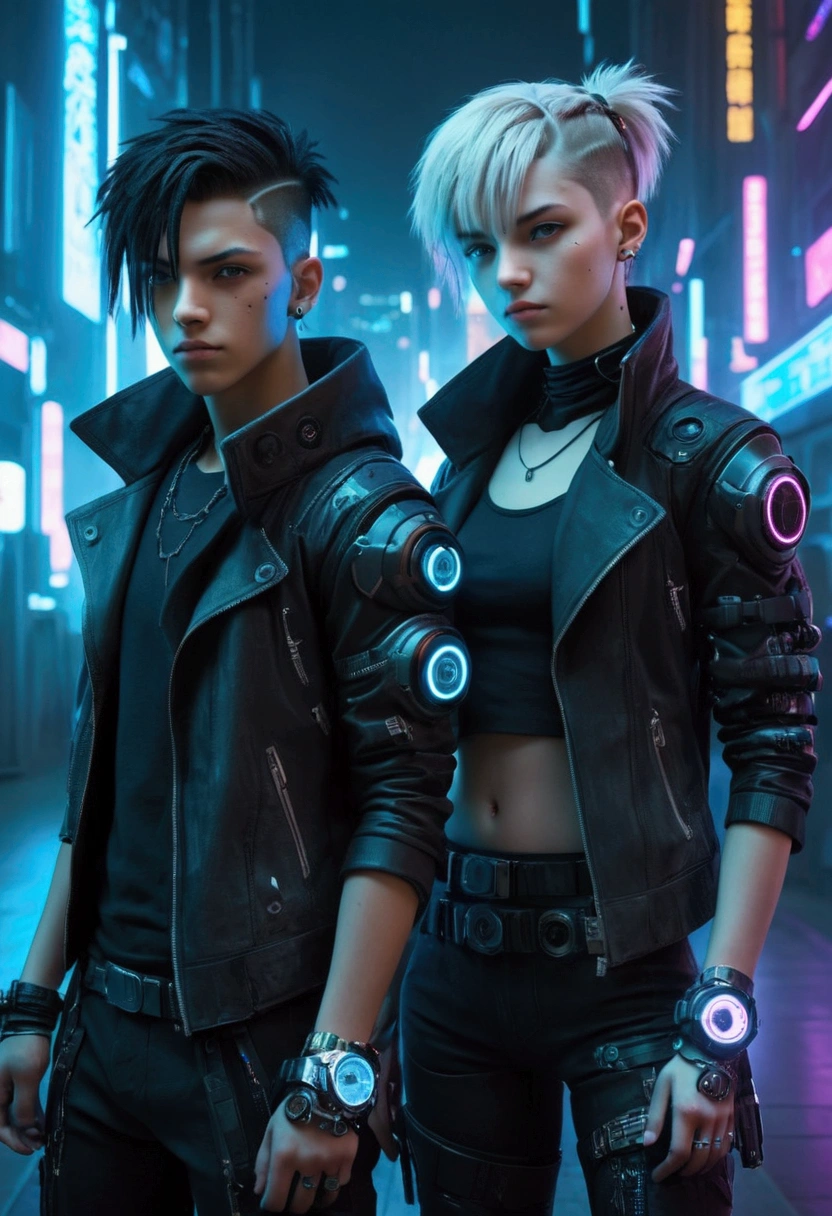 Two identical twins, a boy and a girl. Both in a cyberpunk world and have a cool watch.