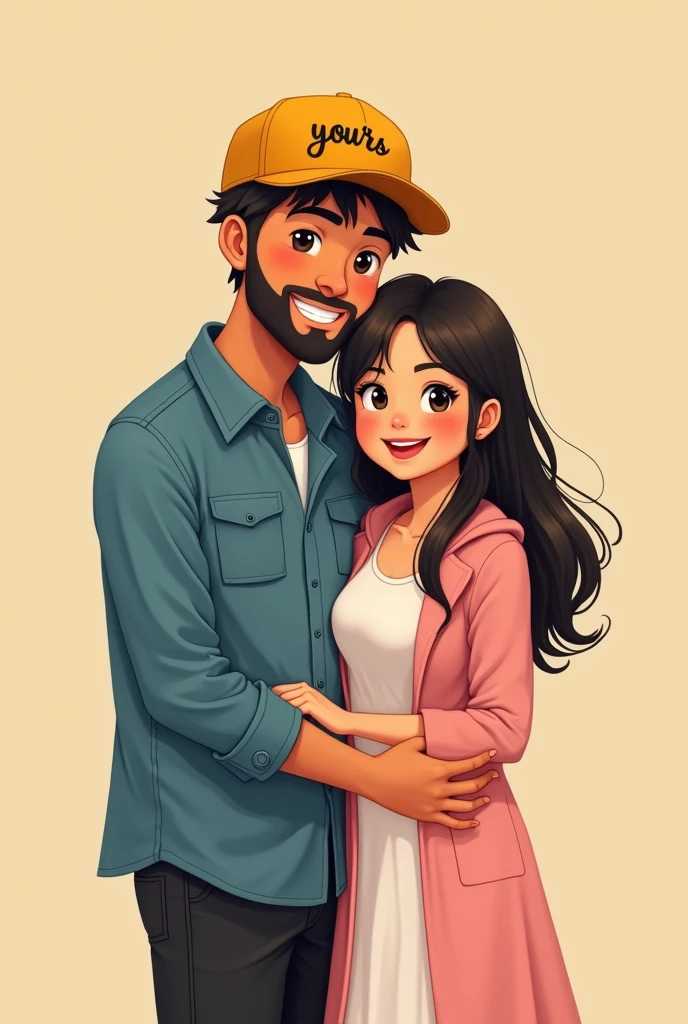 A guy wearing a rusty blue shirt with buttons closed and a yellow cap that has YOURS written in black infront of it he had thin beard also and is wearing a black jeans whose left hand is held by a cute and chubby girl who is wearing a light pink and white colored long dress that has a elbow length light pink colored coatie and her hair is open and comes about lower than her shoulders and she is resting her head over the guys shoulder and facing us at the front and both are happy and in Love with each other both the guy and the girl are facing front screen and their eyes must be at the front and with a smile girls eyes are also facing front and their height is same with the guy being an inch taller than the girl
