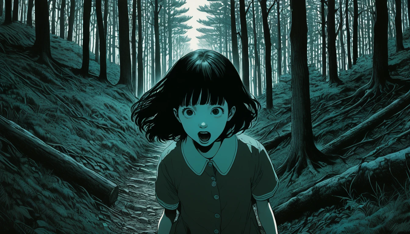 An illustration、art、Supervised by Junji Ito、Overaction、Overreaction、Pretending to be scared、Attention to detail, Realistic shadows、Analog Style, chromatic aberration, Surrealism、Black Forest