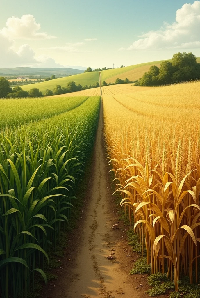 Paint me a painting of a four seasoned corn field 