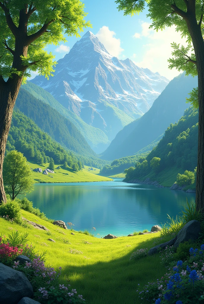 A full beautiful valley with a sweet lack and full greenery 
