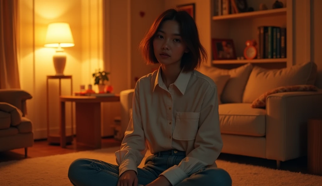 A highly realistic, high-contrast, 8K HD, detailed, hyper-detailed image of a single young woman sitting on the floor in an American-style room, illuminated by warm, orange lighting. The room is cozy with modern furniture, and the background features a bookshelf instead of a sofa. She sits comfortably on the floor, holding a drink in one hand, looking directly at the camera for a lip-sync video. Her face is clearly visible with a neutral expression, and her hairstyle is distinct, making it easy to replicate in future scenes. The scene captures the intimate and focused setting of the woman sitting confidently in the comfortable, inviting environment.
