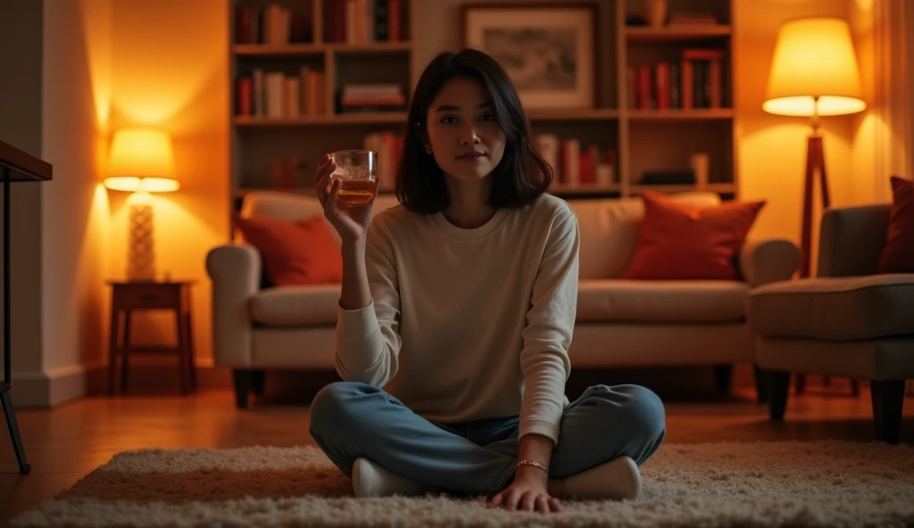 A highly realistic, high-contrast, 8K HD, detailed, hyper-detailed image of a single young woman sitting on the floor in an American-style room, illuminated by warm, orange lighting. The room is cozy with modern furniture, and the background features a bookshelf instead of a sofa. She sits comfortably on the floor, holding a drink in one hand, looking directly at the camera for a lip-sync video. Her face is clearly visible with a neutral expression, and her hairstyle is distinct, making it easy to replicate in future scenes. The scene captures the intimate and focused setting of the woman sitting confidently in the comfortable, inviting environment.