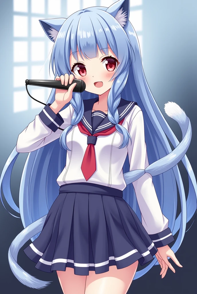 magic girl and a famous idol with long blue hair with straight bangs in two braids and cat ear and tail, red eyes, holding a microphone, waring a skirt
