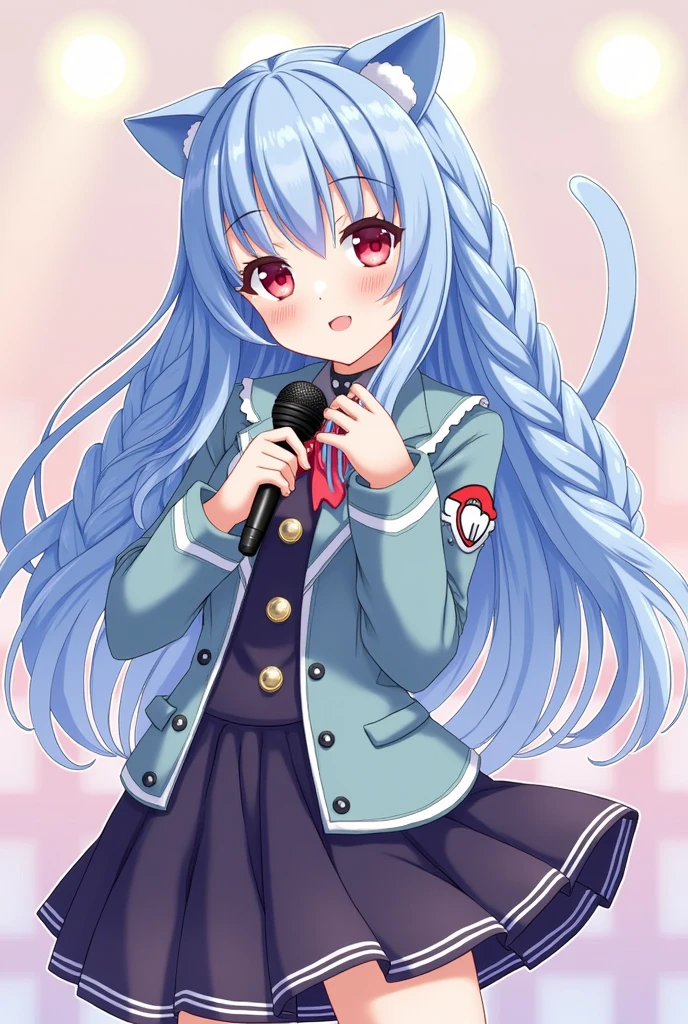 magic girl and a famous idol with long blue hair with straight bangs in two braids and cat ear and tail, red eyes, holding a microphone, waring a skirt