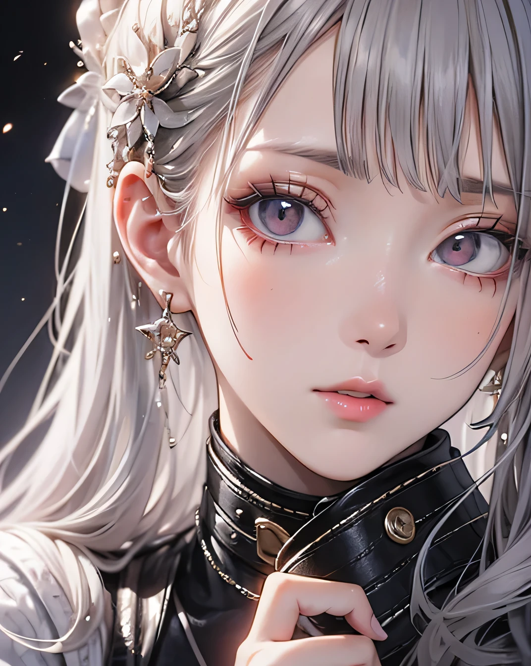 High resolution, 4K, Masterpiece, Best night, full moon, One beautiful woman, Mature Woman, Cold Face, Expressionless, (Beautifully detailed face), 　　　　　silvery white, Long Hair, Pale pink lips, calm, intellectual, Three Belts, Grey Eyes, assassin, Flowers,