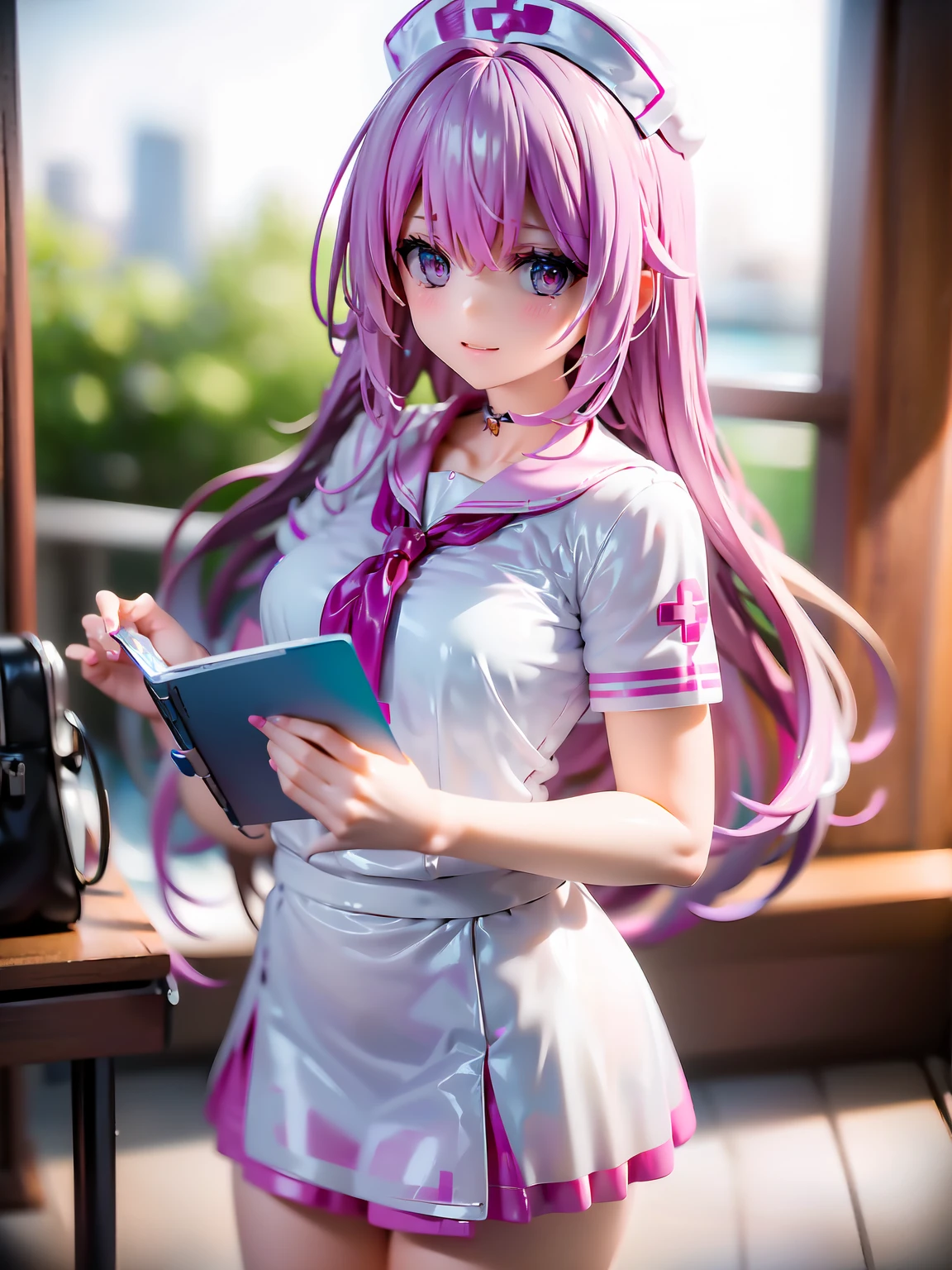 Cute girl at the clinic, nurse, nurse cap, White Skirt, Devil's Wings, (naked:1.5), (Perfect body:1.1), ((Vibrant_chest, feminine, Small head)), Long flowing hair, Antique beauty, ((petite and slender body:1.8)), Detailed eyes, masterpiece, Beautiful lighting, Perfect lighting, Ultra-detailed, super high quality, High resolution, Nikon, realism, dynamic poses, Perfect Eyes, Glamour Shot, model, facial recognition, See through, Realistic skin texture, dynamic_facial_Performance, software