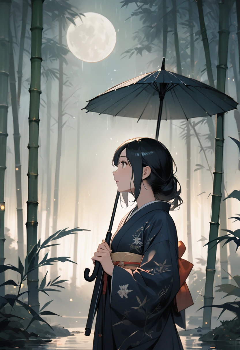 dynamic ink painting of a bamboo grove of japan, great art, great sense of depth, ground level shot, the most beautiful bamboo grove in the world, bamboo leaves shining through rainwater, moon\(pale blue\) with a light overcast,solo, beautiful 1girl\(ancient Japanese noble, beautiful kimono, beautiful long black hair\) looking up at the moon holding an umbrella,raining softly, fireflies flying around, bamboo leaves are placed three-dimensionally in the foreground, long shot